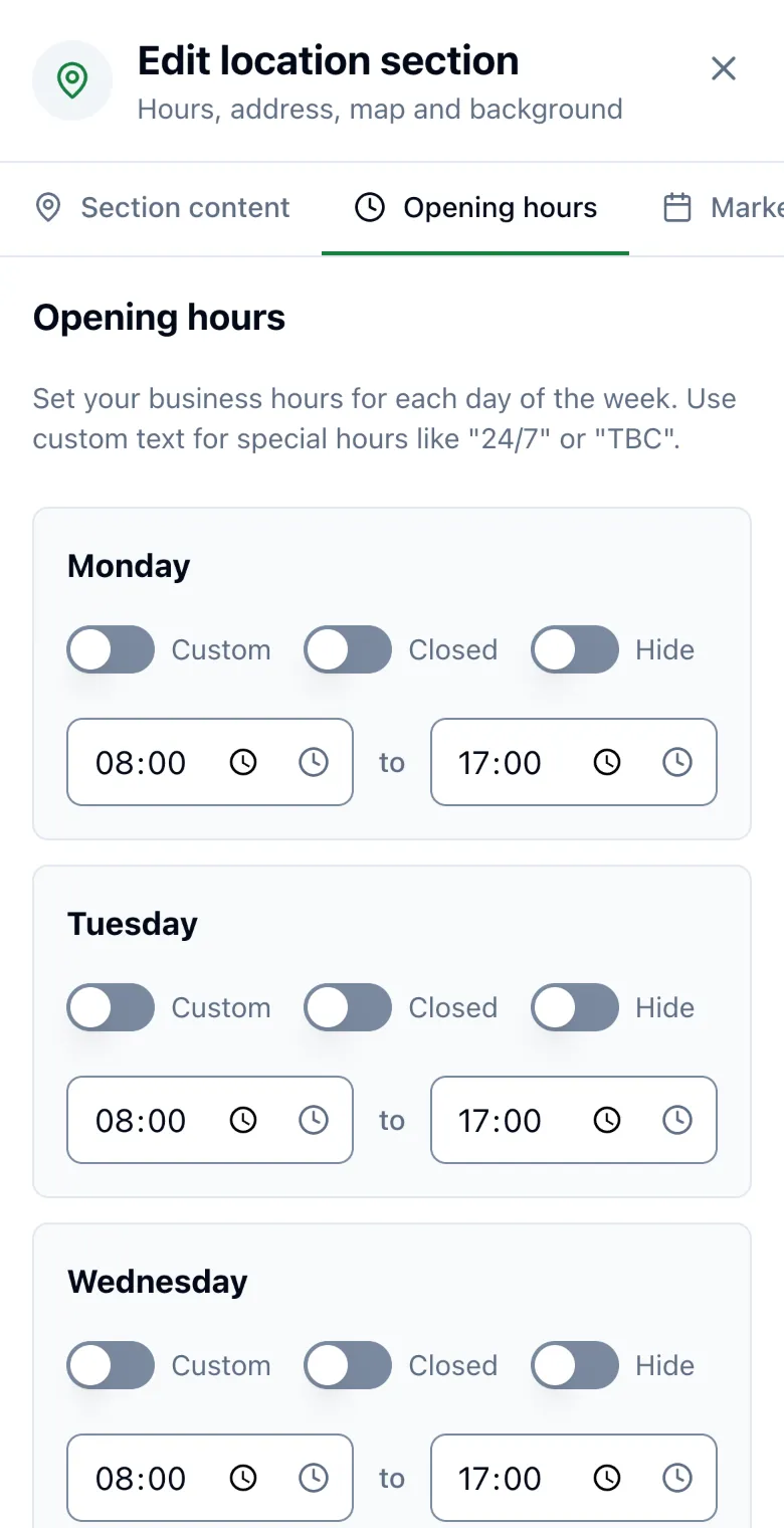 An owner changing opening hours on a phone, in the site's edit mode