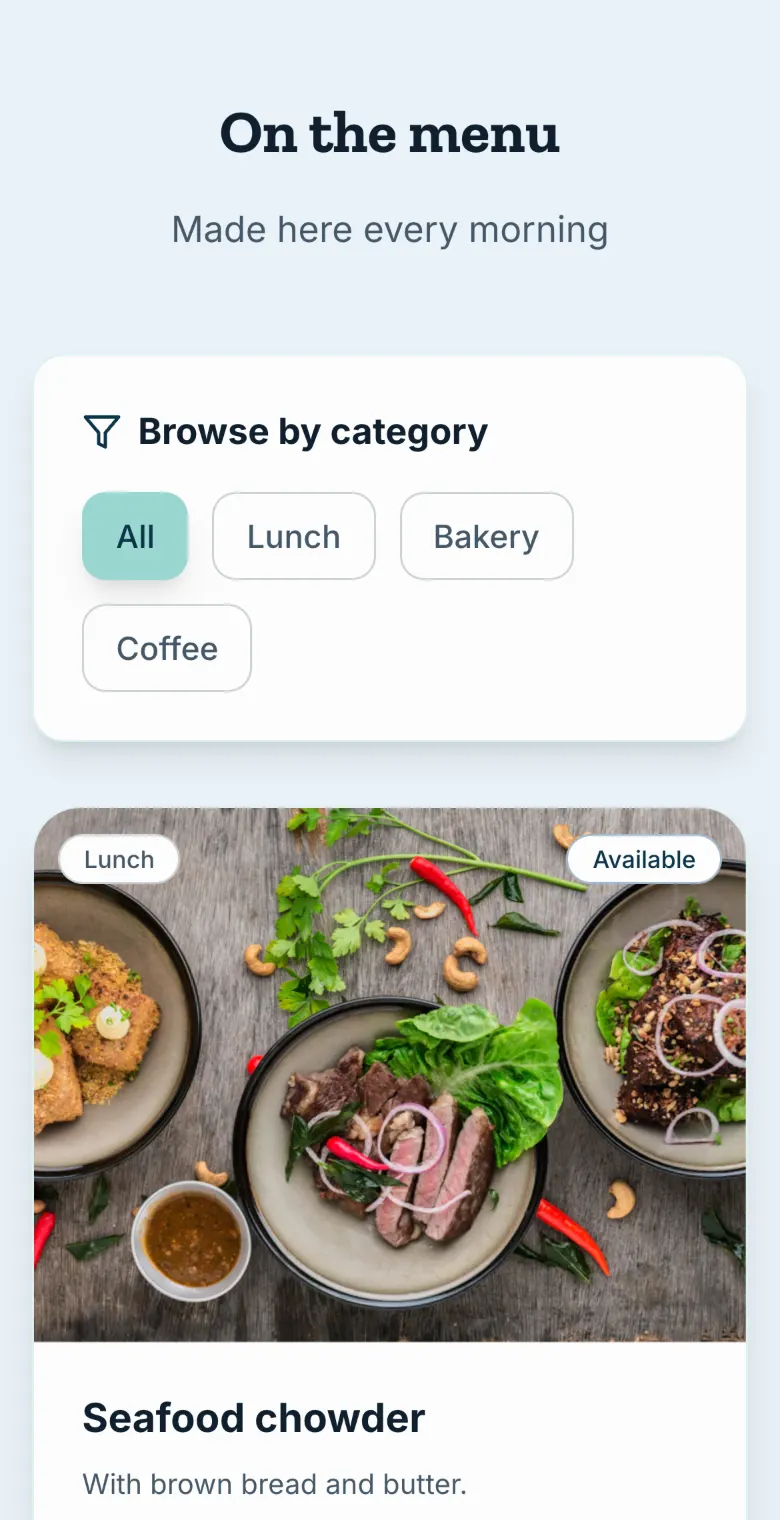 The menu section of The Quay Café, a demo site, on a phone