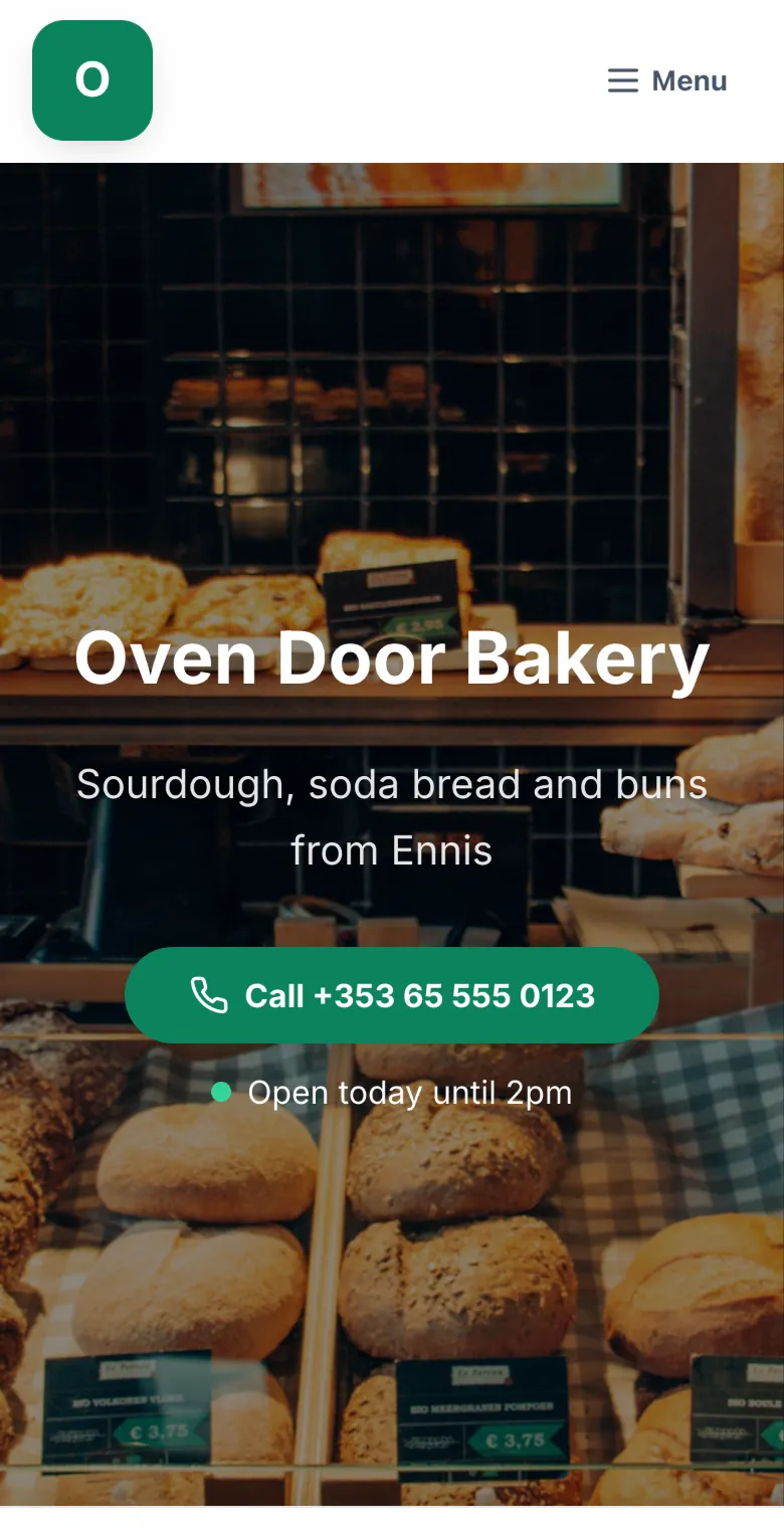 Oven Door Bakery, a demo site's home page on a phone, with a Call button and Open today until 2pm