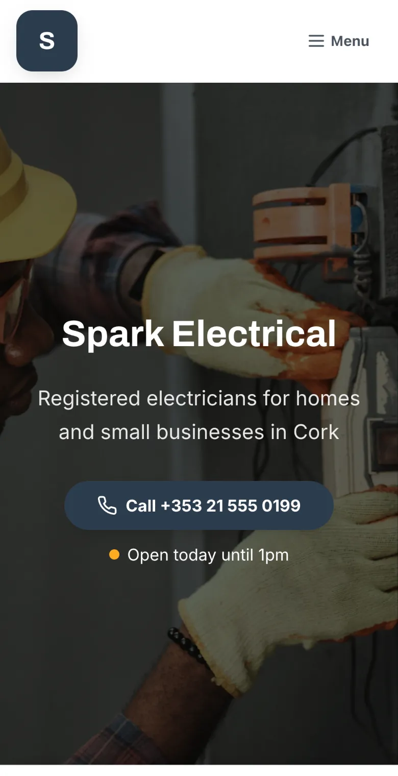 Spark Electrical, a demo site's home page on a phone, with a Call button and Open today until 1pm