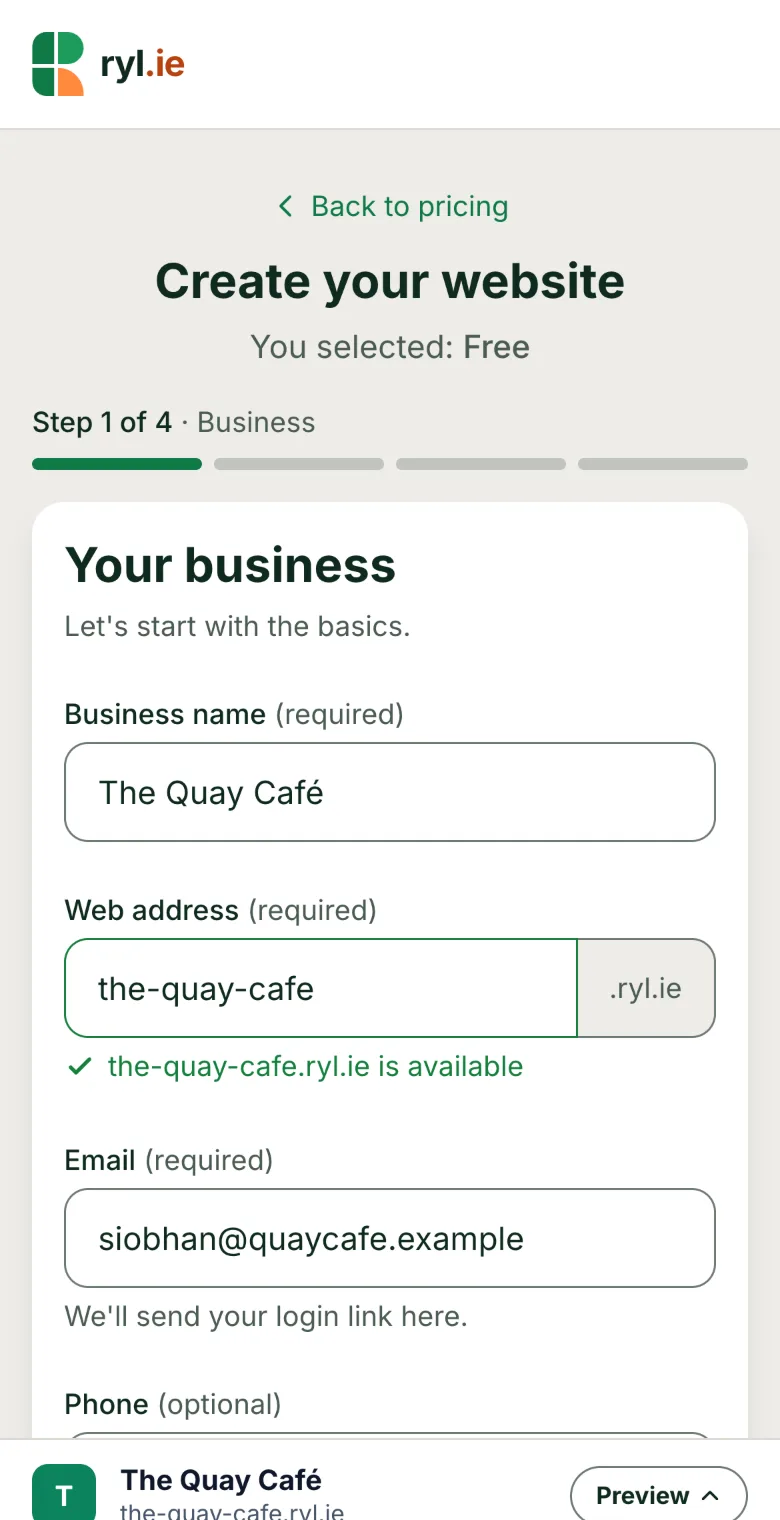 The first step of signing up, on a phone: the business name, the web address and an email